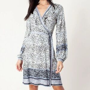 Hale Bob White and Navy Animal Print Long Sleeve Wrap Dress